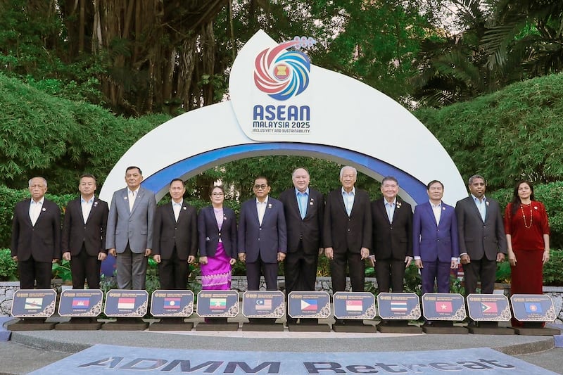 Defense ministers from the Association of Southeast Asian Nations (ASEAN) pose for a group photo at the ASEAN Defense Ministers’ Meeting Retreat in Penang, Malaysia, Feb. 26, 2025.