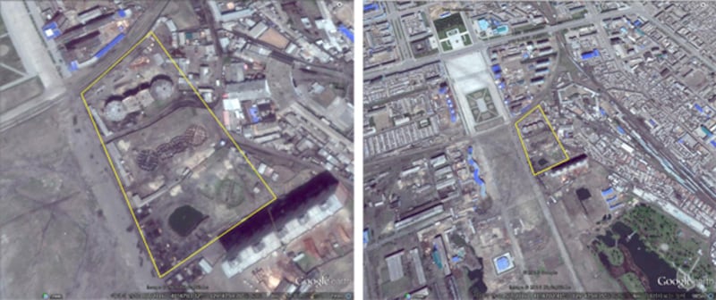 함경북도 청진시에서 건설 중인 고층 아파트(좌). 북쪽의 김 부자 동상과 남쪽의 입체율동영화관 주변으로 살림집 건설 공사가 추진 중이다. (사진-구글 어스 캡쳐/커티스 멜빈 제공)