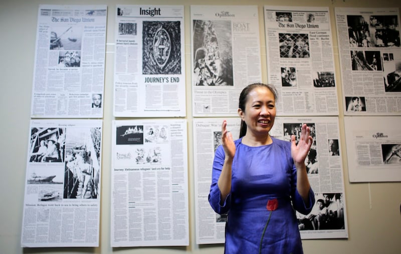 Nguyen Ngoc Nhu Quynh, also known by her pen name Me Nam, or "Mother Mushroom," talks in Houston about her release from prison in Vietnam Oct. 26, 2018, photo. Credit: AP