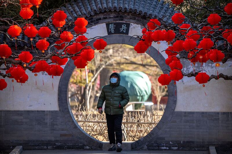 2023年1月20日，一名男子在北京的公园内走过为迎接农历新年而挂出的灯笼。（美联社）