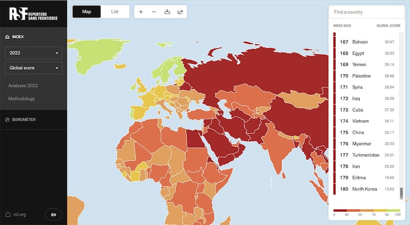 无国界记者组织公布最新2022新闻自由度排名，中国第175名，全球倒数第6。（网页截图）