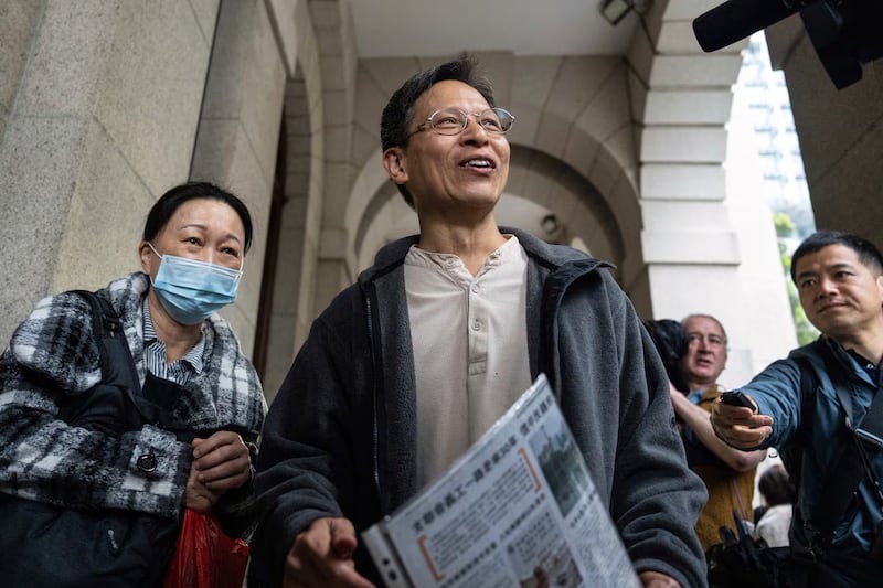 Tang Ngok-kwan, center, a core member of the Hong Kong Alliance in Support of Patriotic Democratic Movements of China, and Medina Chow Lau Wah-chun, left, mother of Chow Hang-tung, a core member, leave the Court of Final Appeal in Hong Kong, March 6, 2025.