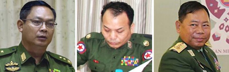 Lt. Gen. Moe Myint Tun, left, and Brig. Gen. Yan Naung Soe, center, have been sentenced to life in prison, while Lt. Gen. Soe Htut received five years. (Image from MRTV, left, MDN, center, and Myanmar military)