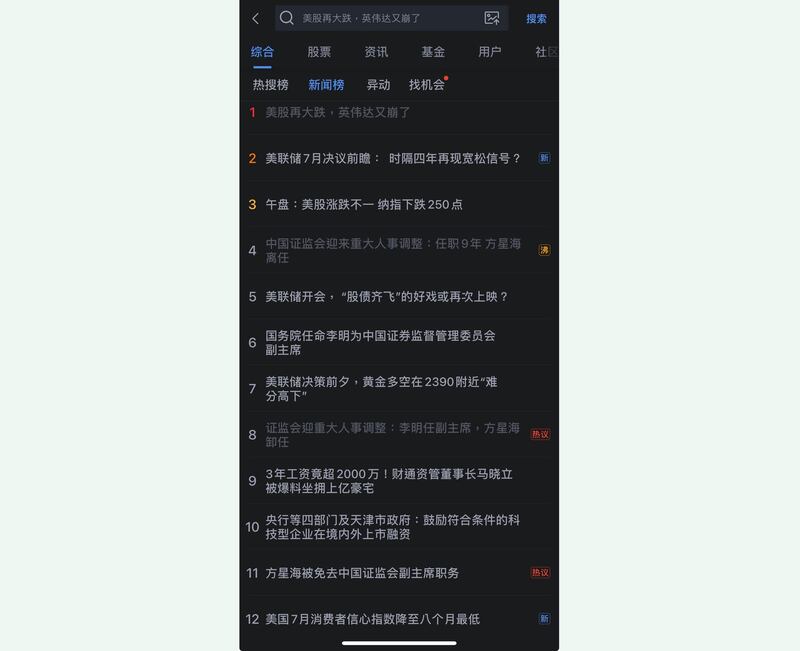 中国证监会副主席方星海去职，占据新闻榜。(截屏自新浪财经/记者黄春梅提供)