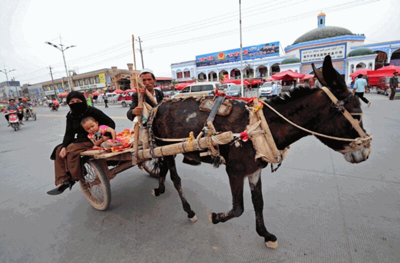 A woman and child ride on a donkey cart past the Sunday Bazaar in Kashgar, in northwestern China's Xinjiang region, June 15, 2008. Credit: AFP