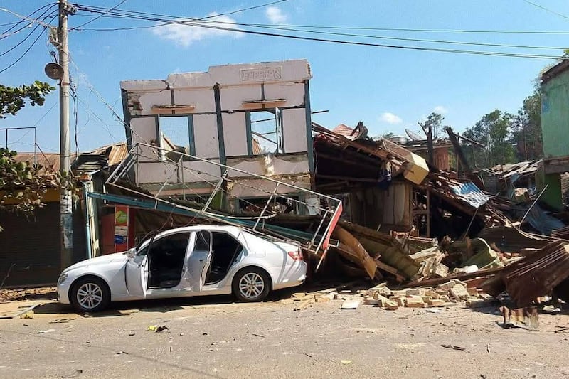 Destroyed buildings in Myanmar's Nawnghkio town after a junta airstrike, seen on Jan. 22, 2025.