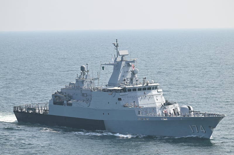 Malaysia's offshore patrol vessel KD Terengganu takes part in the AMAN-25 exercise off the coast of Karachi, Pakistan, on Feb. 10, 2025.