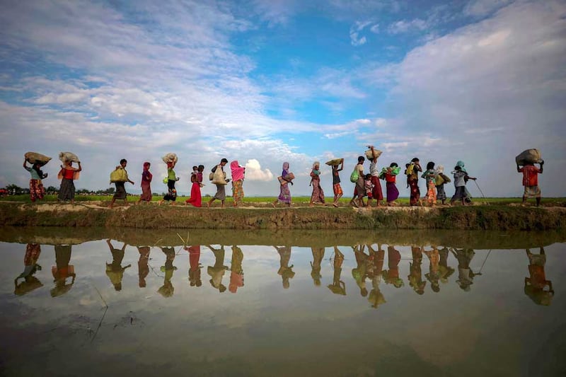 Rohingya refugees are reflected in rain water along an embankment next to paddy fields after fleeing from Myanmar into Palang Khali, near Cox's Bazar, Bangladesh November 2, 2017. REUTERS/Hannah McKay/File Photo