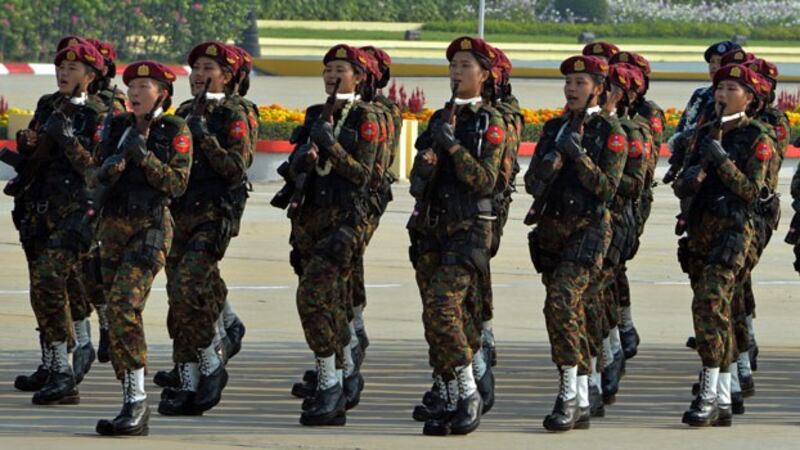 Myanmar soldiers march in a formation during a parade marking the country's 74th Armed Forces Day in Myanmar's capital Naypyidaw, March 27, 2019.