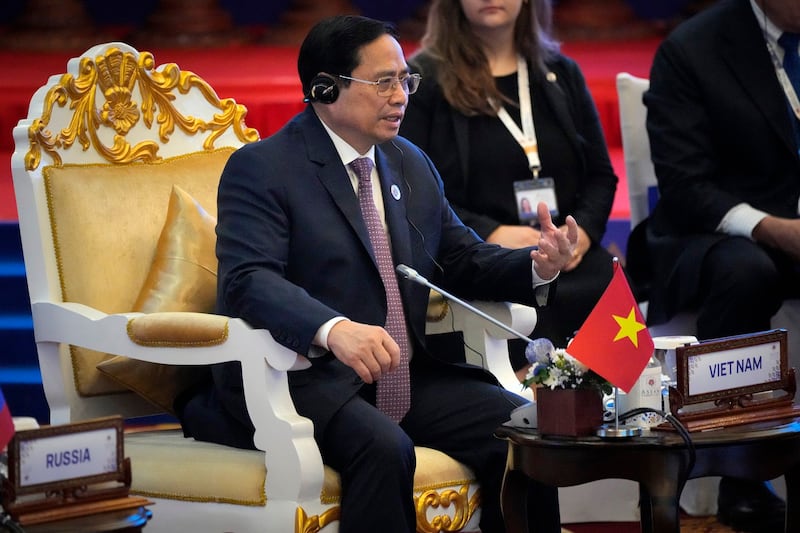 Vietnam Prime Minister Phạm Minh Chinh speaks during the second Southeast Asian Nations (ASEAN) Global Dialogue in Phnom Penh, Cambodia, Nov. 13, 2022. Credit: Associated Press