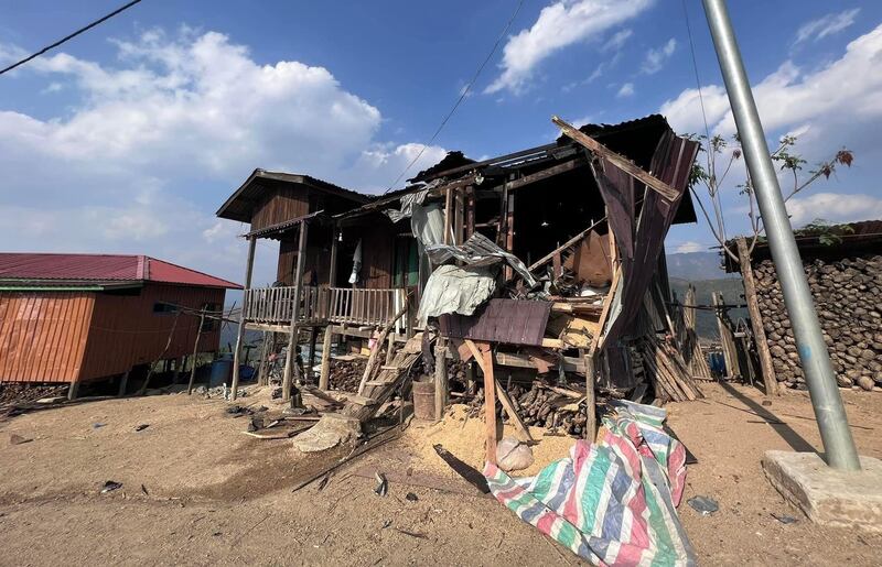 Myanmar air force jets struck this home in Khuabung village, Thantlang township, Chin state on March 30, 2023. Credit: Citizen journalist