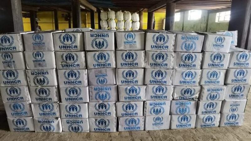 UNHCR relief supplies sit undistributed in Chin state's Mindat township, July 22, 2021. Citizen journalist