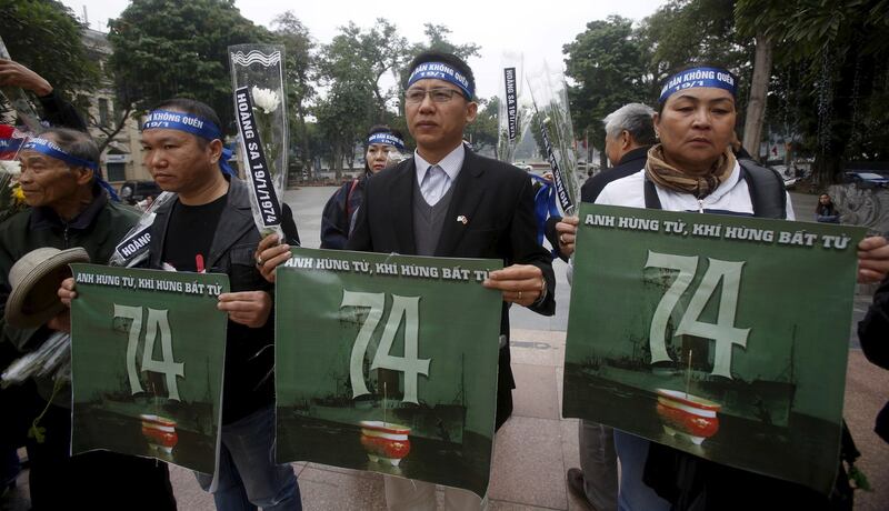 A file photo showing Vietnamese activists during a gathering to commemorate the 42nd anniversary of China's occupation of the disputed Paracels in the South China Sea, in Hanoi, January 19, 2016. China took full control of the Paracels in 1974 after a naval showdown with Vietnam. Credit: Reuters