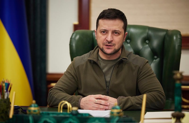 Ukrainian President Volodymyr Zelenskyy addresses the nation in Kyiv, Ukraine, 09\March 7, 2022. Credit: Ukrainian Presidential Press Office via AP