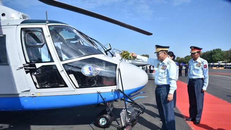 A Eurocopter 365 helicopter is commissioned into service during the celebration of the 71st anniversary of Myanmar air force at a base in Meiktila Station on Dec. 15, 2018. (Myanmar military)