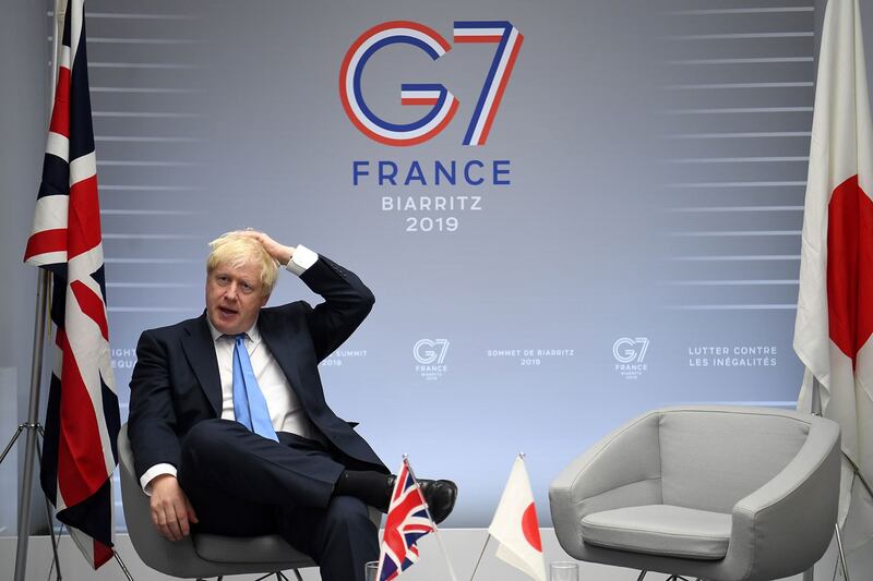 2019年8月26日，英国首相鲍里斯•约翰逊G7会后表示，将继续致力于维护香港的“一国两制”。（法新社）