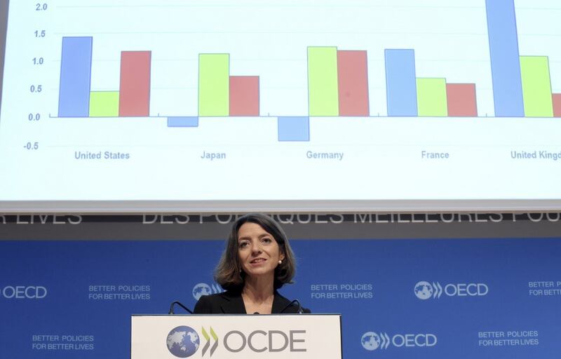 Bà Laurence Boon trình bày triển vọng kinh tế tạm thời của OECD tại trụ sở của OECD ở Paris hôm 20 tháng 9,2018.