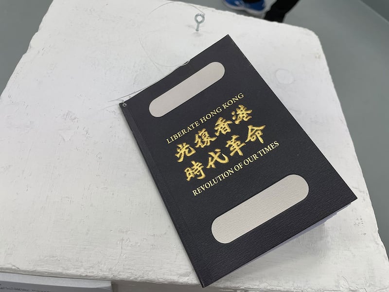 流亡台湾的香港艺术家黄国才的作品“光复香港时代革命护照”。 （吕熙摄）