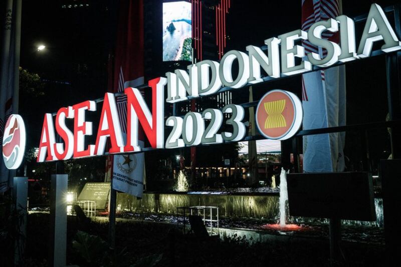 The logo of the ASEAN Summit 2023 is displayed in Jakarta, Aug. 10, 2023. Credit: Yasuyoshi Chiba/AFP