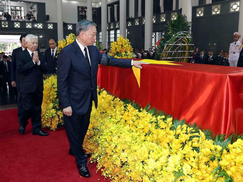 Vietnam's President To Lam attends the funeral of Communist Party of Vietnam General Secretary Nguyen Phu Trong at the National Funeral House in Hanoi, July 25, 2024.