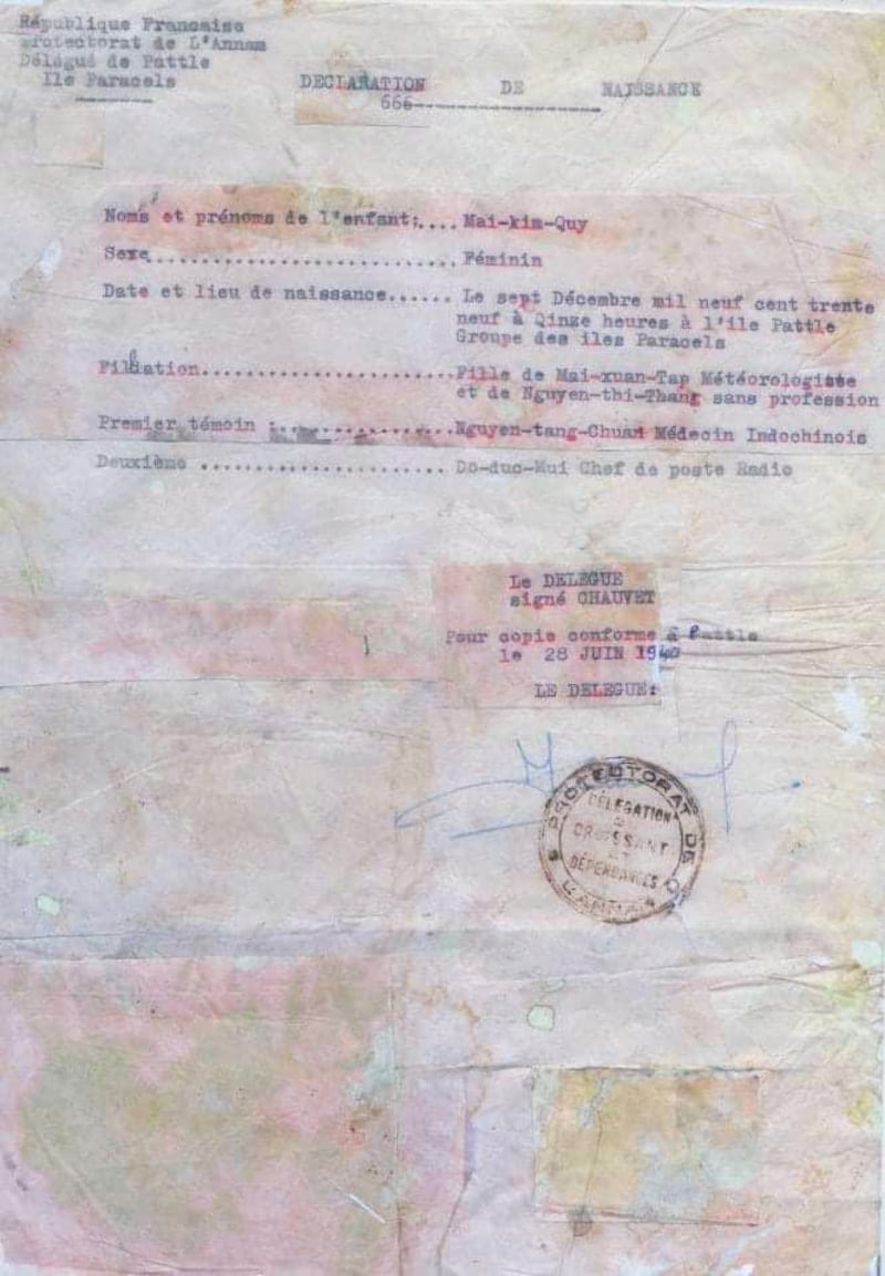 The birth certificate issued in June 1940 by the French colonial authority on Pattle Island in the Paracels for Mai Xuan Quy. Credit: Mai Xuan Tap family