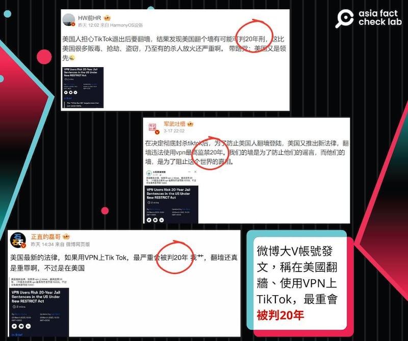 1. 部分「大V」博主發文，宣稱在美國翻牆上TikTok，最重判20年。圖取自微博.jpg