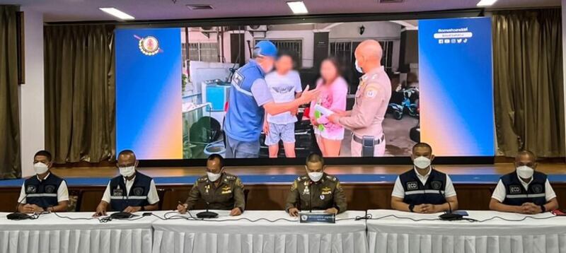 Police brief reporters on the largest syndicate running illegal money-lending services in Bangkok, July 12, 2022. Credit: Handout photo/ Economic Crime Suppression Division