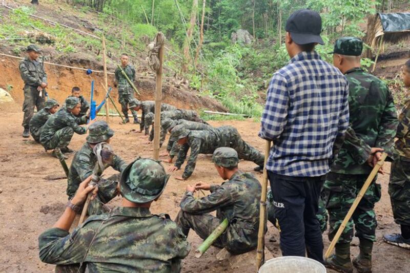 Trainees take part in military exercises with Karen National Union Brigade 6 in eastern Myanmar's Kayin state, May 9, 2021. Credit: AFP