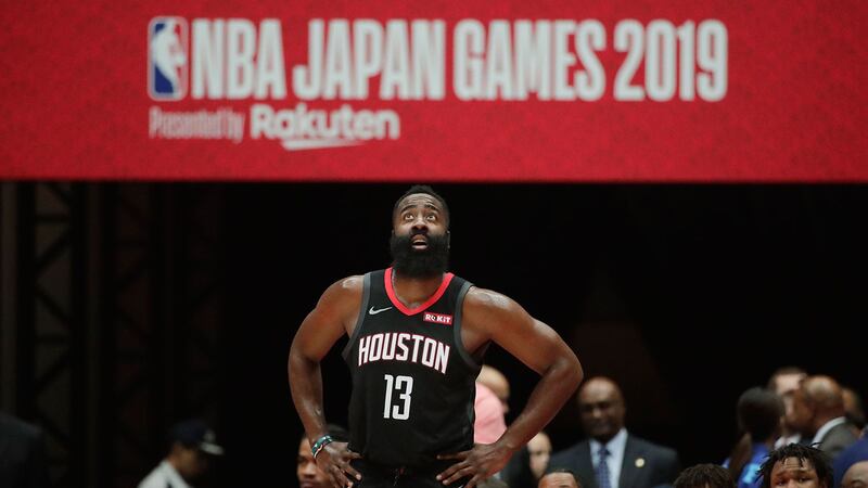 2019年10月8日在日本NBA季前篮球比赛中的火箭队球星詹姆斯·哈登（James Harden）（美联社）