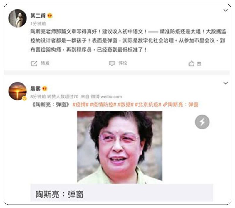 因被北京健康宝“弹窗”无法返京，中共“红二代”、陶铸之女陶斯亮发文批评过度防疫。（微博截图）