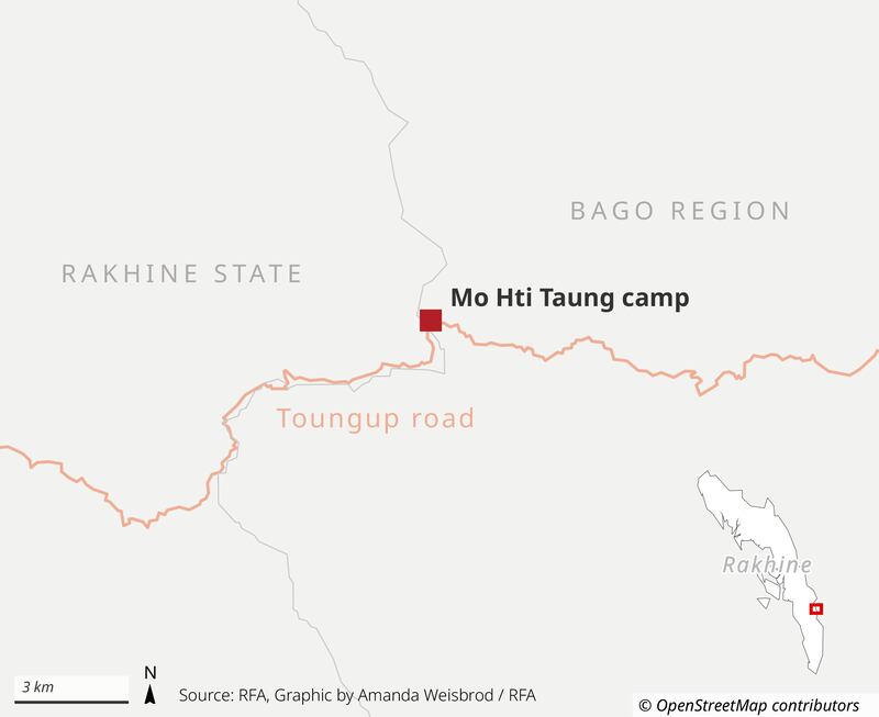 Map showing the location of Mo Hti Taung camp on the border between Rakhine state and Bago region in Myanmar, along Toungup road