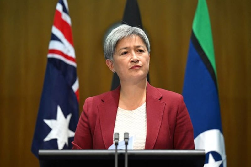 Australian Foreign Minister Penny Wong speaks to the media after meeting with Chinese Foreign Minister Wang Yi at Parliament House in Canberra, March 20, 2024. (Lukas Coch/AAP via Reuters)