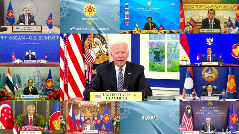 U.S. President Joe Biden (C) taking part in the ASEAN-US Summit on the sidelines of the 2021 Association of Southeast Asian Nations (ASEAN) summits held online on a live video conference in Bandar Seri Begawan, Brunei, Oct. 26, 2021. Credit: AFP.