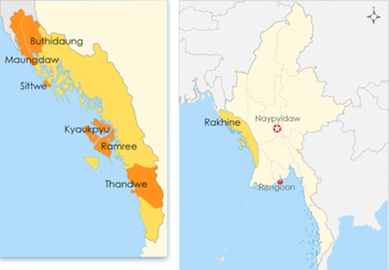 RFA map shows the towns under curfew in Rakhine state.