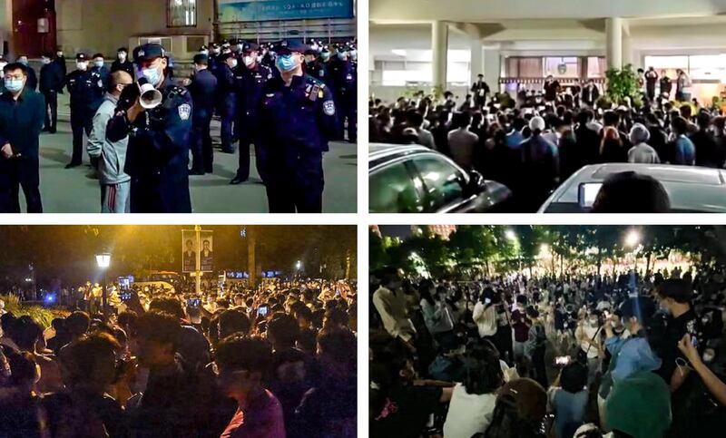 University protests, clockwise from top left: Beijing International Studies University, May 8, 2022; Peking University, May 14-15; Beijing Normal University, May 24; and Tianjin University, May 26. RFA collage.