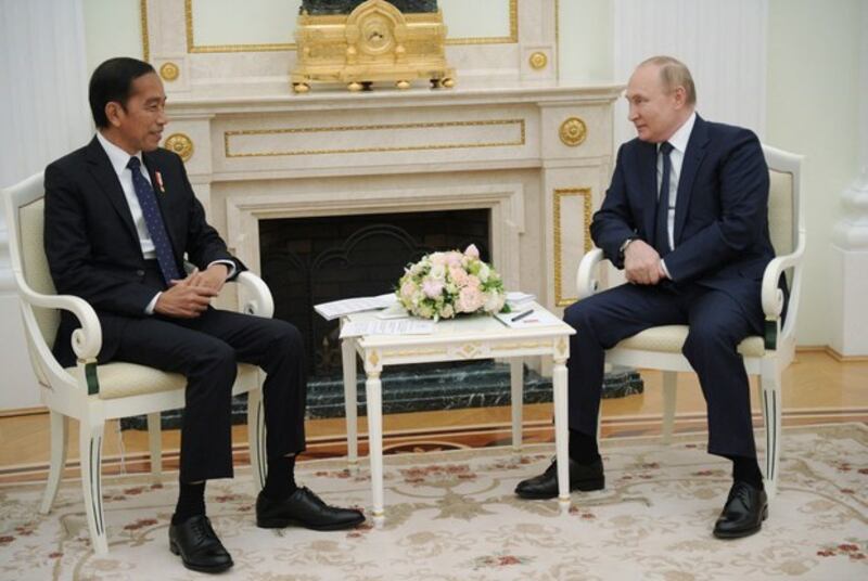 Russian President Vladimir Putin meets with Indonesian President Joko 'Jokowi' Widodo at the Kremlin in Moscow, June 30, 2022. Credit: Sputnik via Reuters