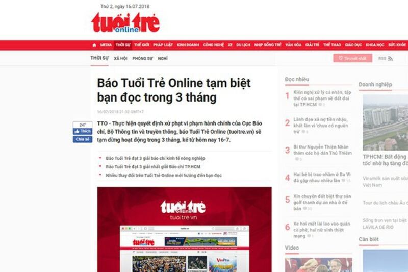 Báo Tuổi Trẻ Online đăng lời tạm biệt bạn đọc chiều tối ngày 16/7/2018