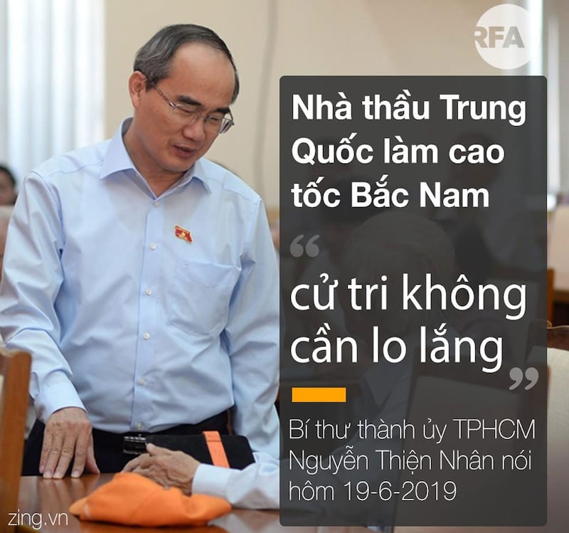 Bí thư thành ủy Thành phố Hồ Chí Minh, Đại biểu Quốc hội Nguyễn Thiện Nhân vừa trấn an người dân ‘không cần lo lắng' trong việc chọn nhà thầu Trung Quốc làm dự án cao tốc Bắc Nam có thể gây ra vấn đề về mặt an ninh. 