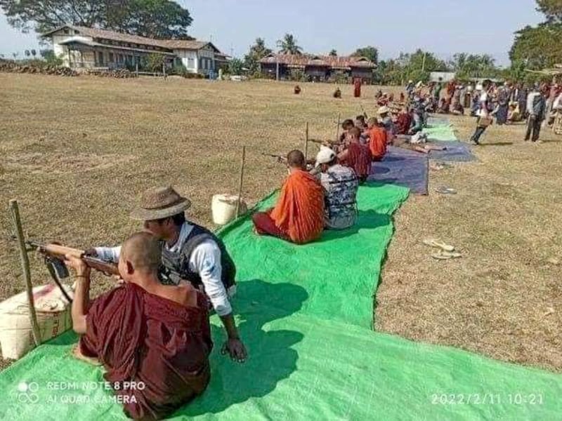 Monks and members of the Pyu Saw Htee militia train at a firing range in Sagaing region, Feb. 11, 2022. Credit: Citizen journalist