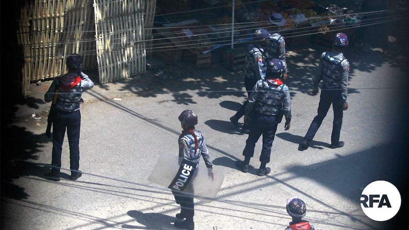 Junta security forces on patrol in Ward No. 1, in Yangon's Mayangone township, March 20, 2021. RFA