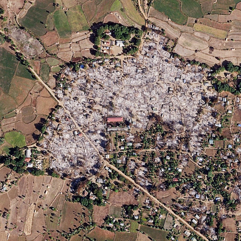 An aerial view of Pale township's Chaung Oo village following an arson attack by pro-junta forces, Feb. 18, 2022. RFA