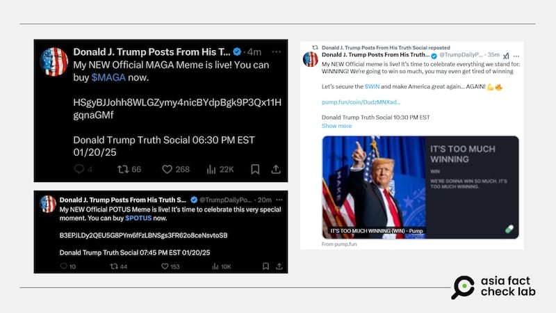 Trump’s fan account made posts about the launch of various crypto coins, all of which were soon deleted.