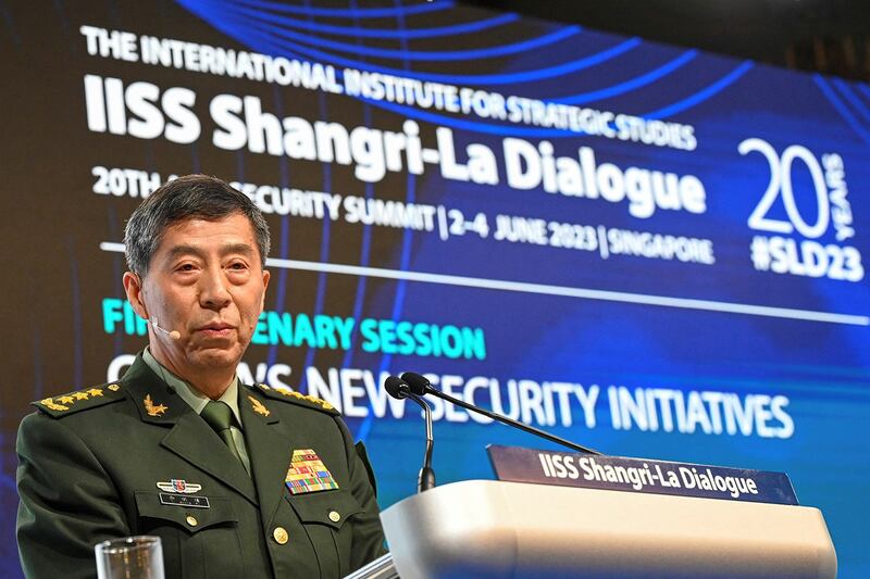 China's Defense Minister Li Shangfu delivers a speech at the 20th Shangri-La Dialogue summit in Singapore on June 4, 2023. (Roslan Rahman/AFP)