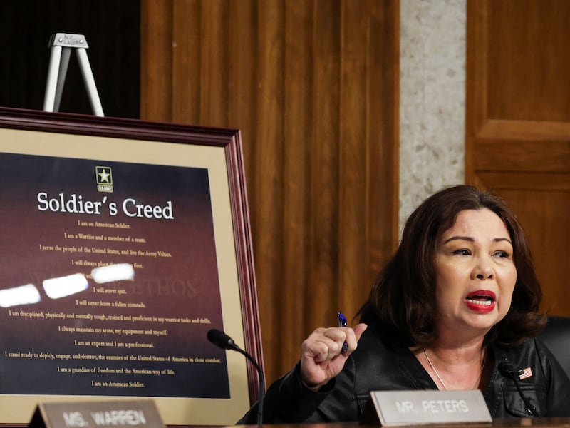 Sen. Tammy Duckworth, D-Il., speaks as Pete Hegseth, President-elect Donald Trump's nominee to be Secretary of Defense, testifies before the Senate Committee on Armed Services Committee, in Washington, Jan. 14, 2025.