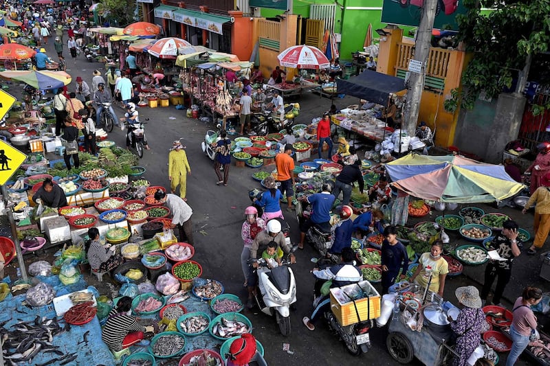 Fresh produce market in Phnom Penh, June 13, 2023. Despite decades of tens of millions of dollars being pumped into Cambodia's NGO sector, there has never been an association created that specifically represents the interests of consumers. (Tang Chhin Sothy/AFP)