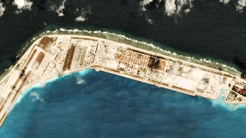 A satellite photo taken March 19, 2020, showing the Chinese-built base at Mischief Reef, a disputed feature in the Spratlys. Credit: Planet Labs.