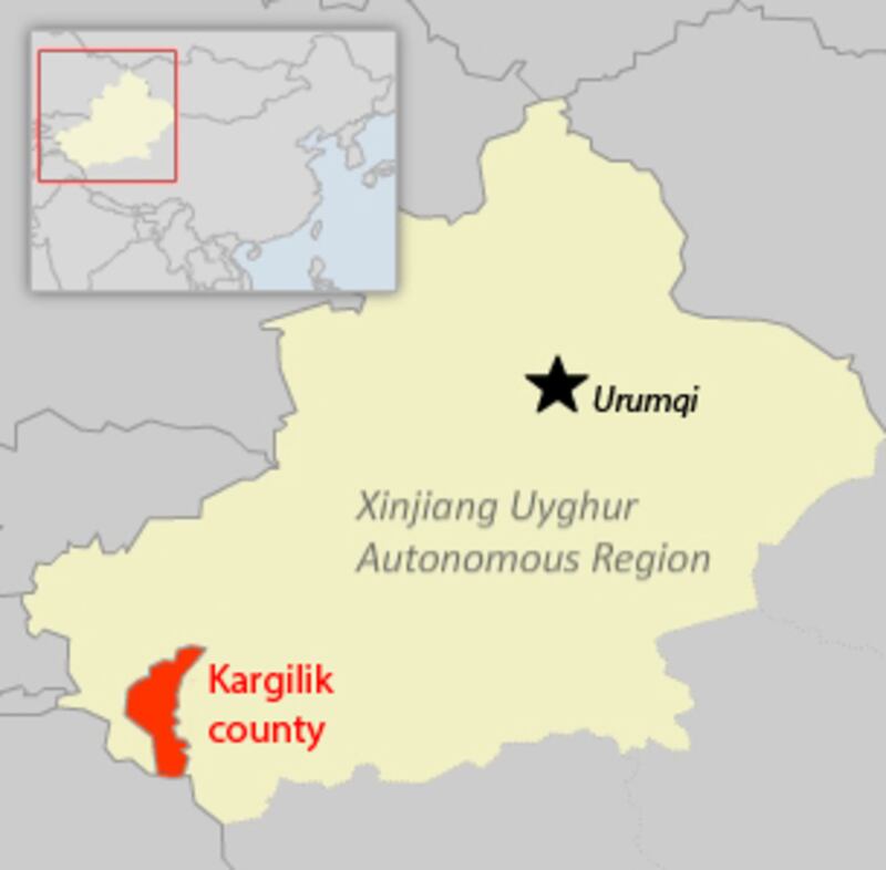 A map of Xinjiang showing Kashgar's Kargilik (Yecheng) county.