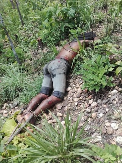 A body discovered with its ankles bound in the jungle in Sagaing's Kani township, July 13, 2021. Citizen journalist