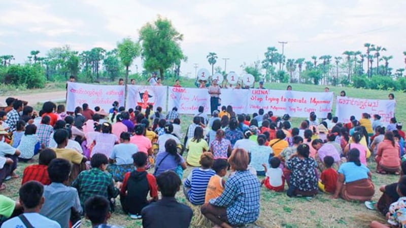 Residents protest to demand that Chinese companies stop operating a copper mine project in Salingyi township, northwestern Myanmar's Sagaing region, on May 7, 2024. (Yinmarbin-Salingyi Multi-villages Strike Steering Committee via Facebook)