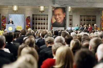 Chairman of the Nobel Committee Thorbjoern Jagland speaks during the ceremony for Liu Xiaobo in Oslo, Dec. 10, 2010. AFP